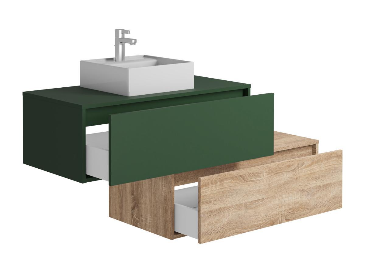 Vente-unique Mobile per bagno sospeso con lavabo singolo quadrato e due cassetti 94 cm Verde e Naturale chiaro - TEANA II  