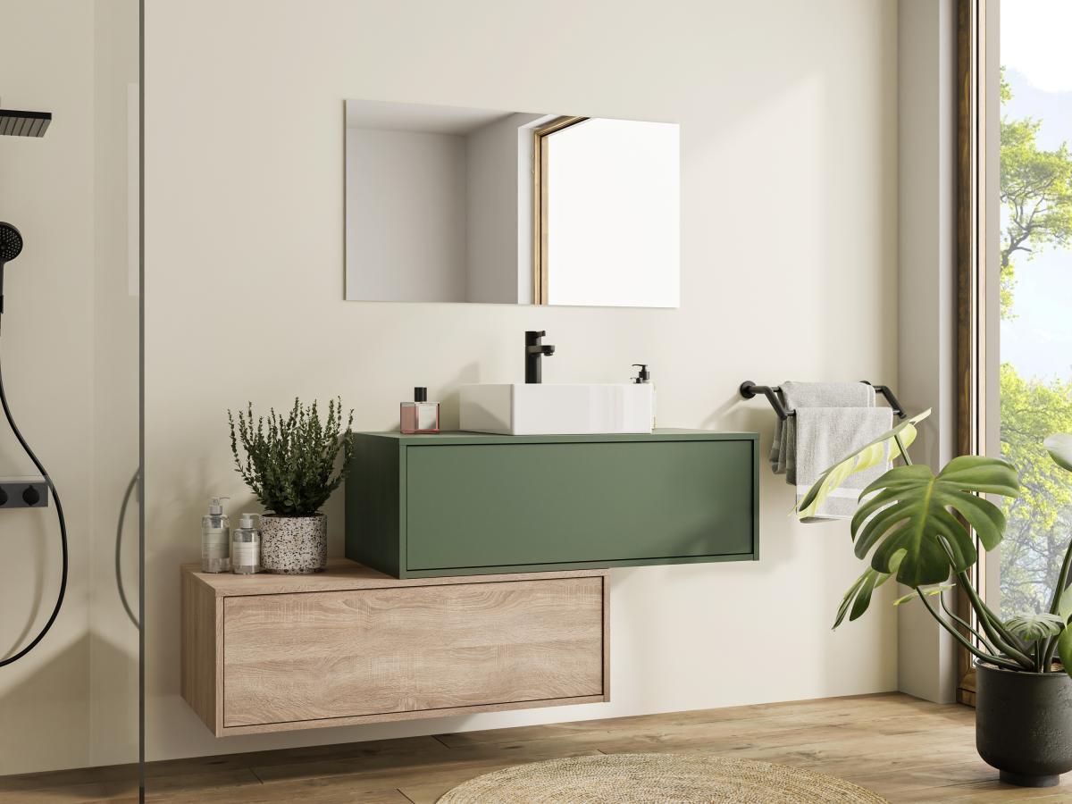 Vente-unique Mobile per bagno sospeso con lavabo singolo quadrato e due cassetti 94 cm Verde e Naturale chiaro - TEANA II  