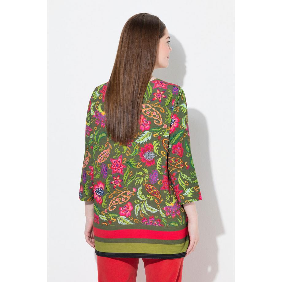 Ulla Popken T-shirt imprimé floral coupe évasée col tunisien manches 3/4  