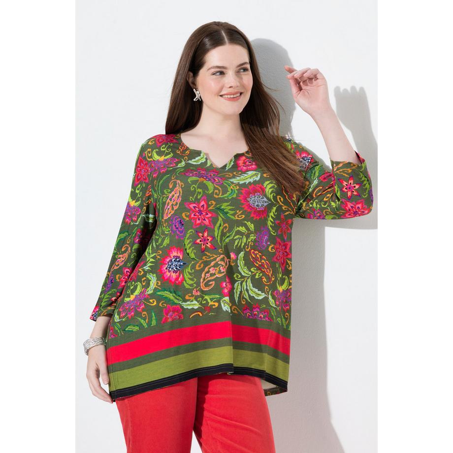 Ulla Popken T-shirt imprimé floral coupe évasée col tunisien manches 3/4  