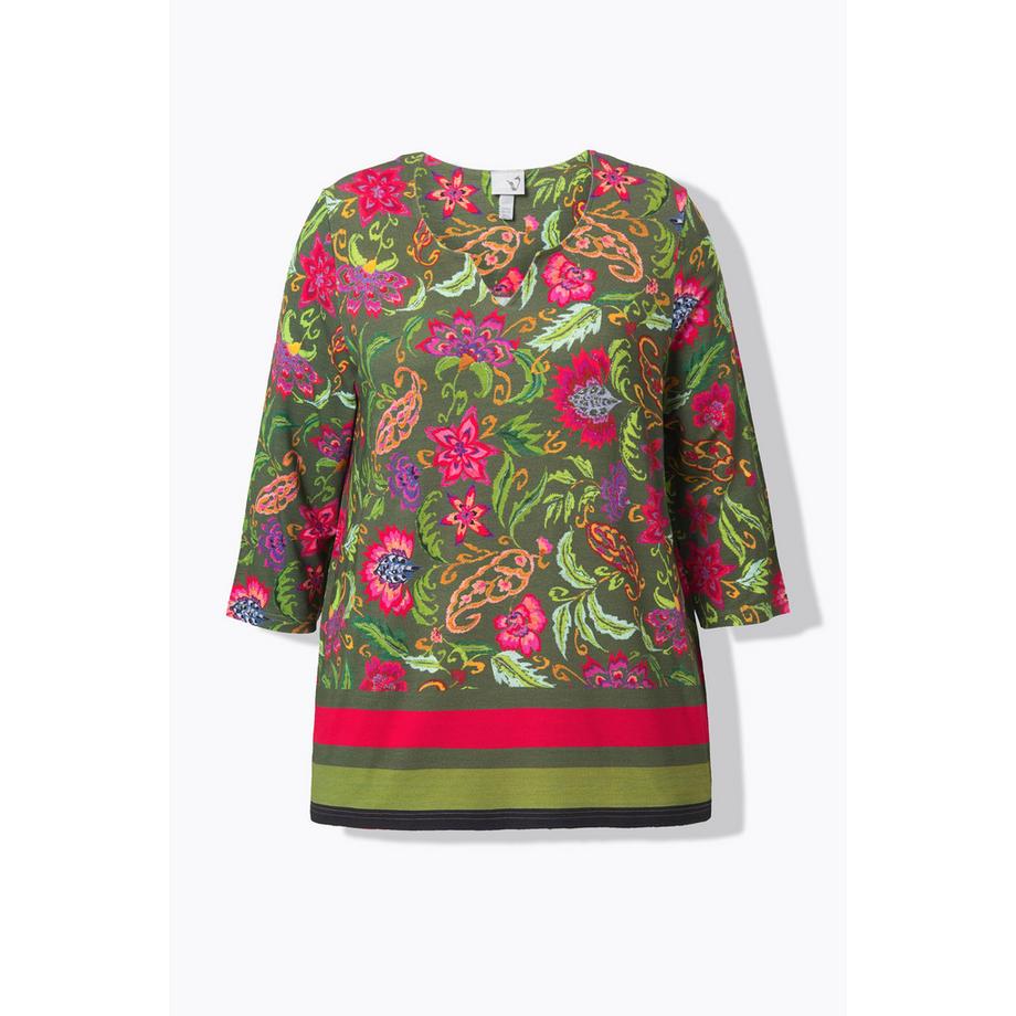 Ulla Popken T-shirt imprimé floral coupe évasée col tunisien manches 3/4  