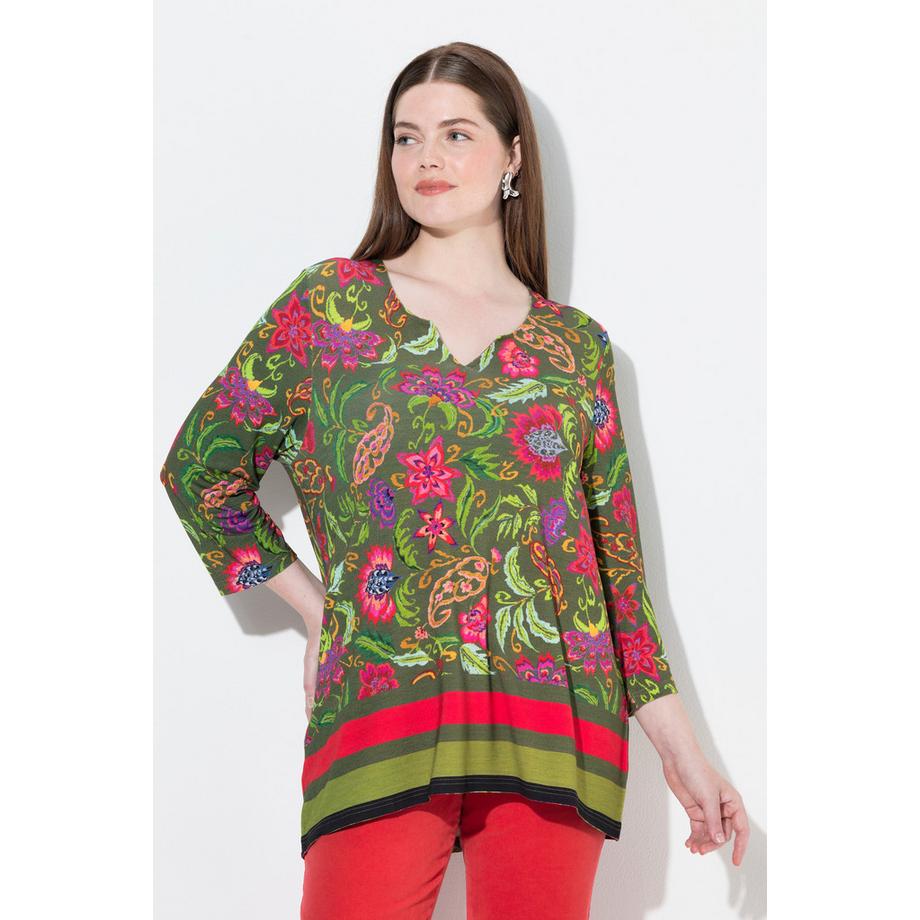 Ulla Popken T-shirt imprimé floral coupe évasée col tunisien manches 3/4  