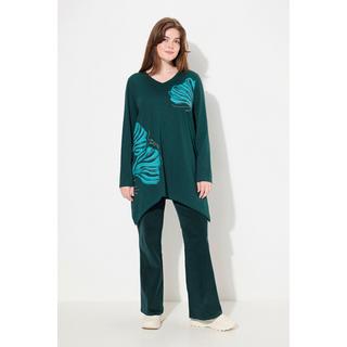 Ulla Popken  Longshirt, Blätter, V-Ausschnitt, Langarm, Biobaumwolle 