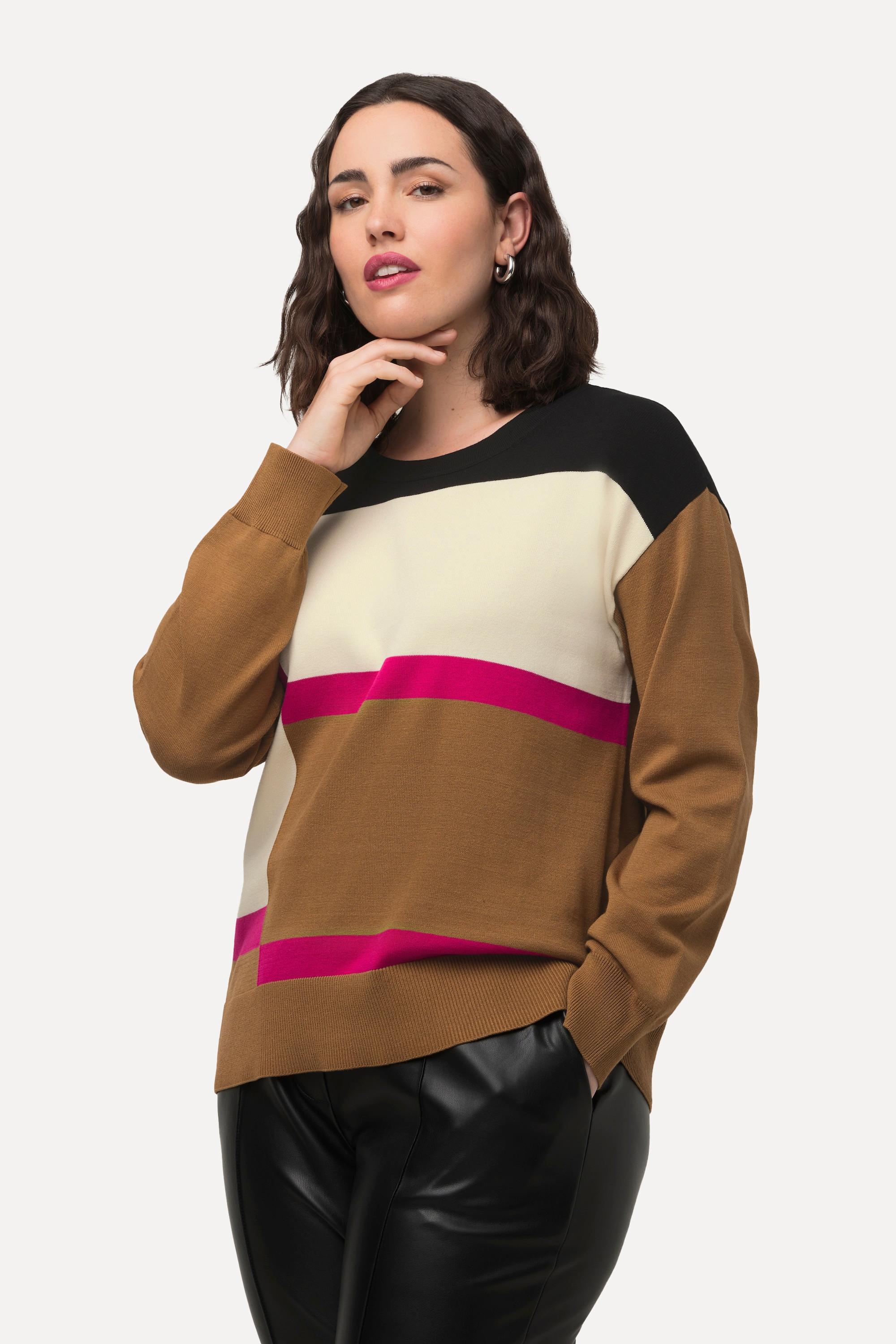 Ulla Popken  Maglione oversize in stile color blocking con scollo a girocollo e maniche a 3/4 a pipistrello 