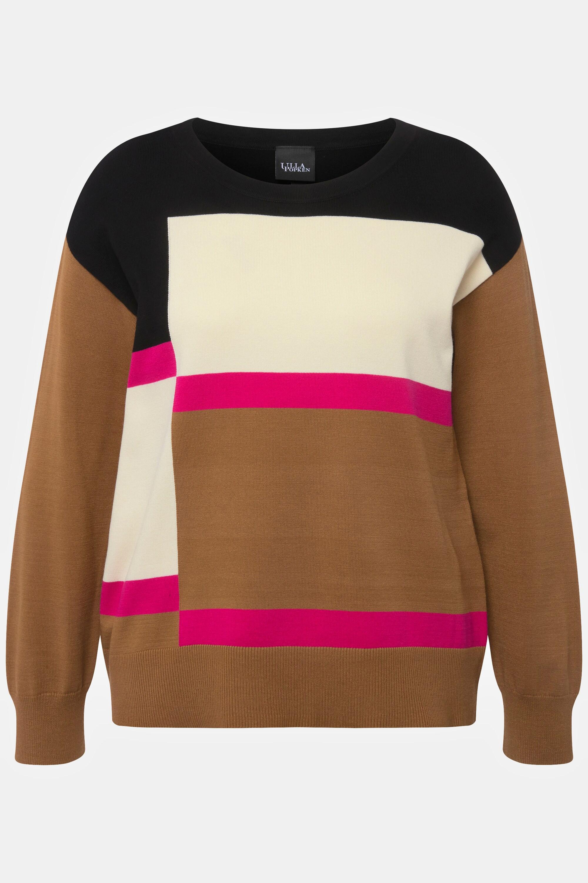 Ulla Popken  Maglione oversize in stile color blocking con scollo a girocollo e maniche a 3/4 a pipistrello 