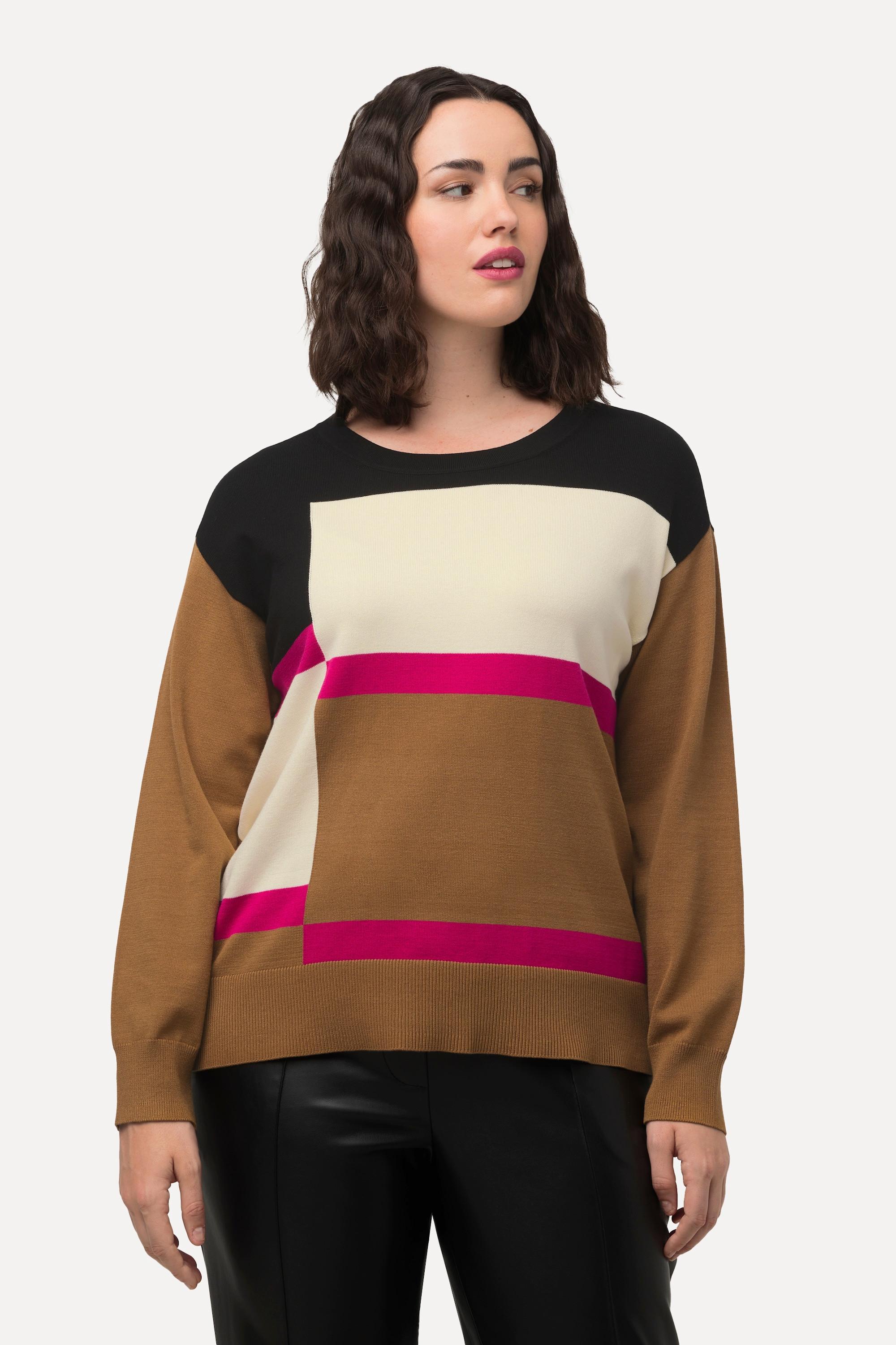 Ulla Popken  Maglione oversize in stile color blocking con scollo a girocollo e maniche a 3/4 a pipistrello 