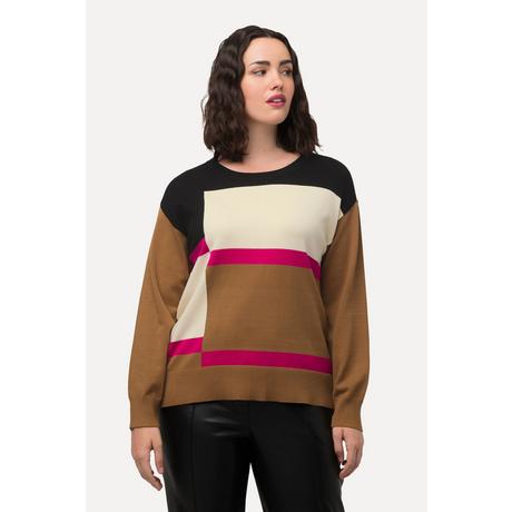 Ulla Popken  Maglione oversize in stile color blocking con scollo a girocollo e maniche a 3/4 a pipistrello 