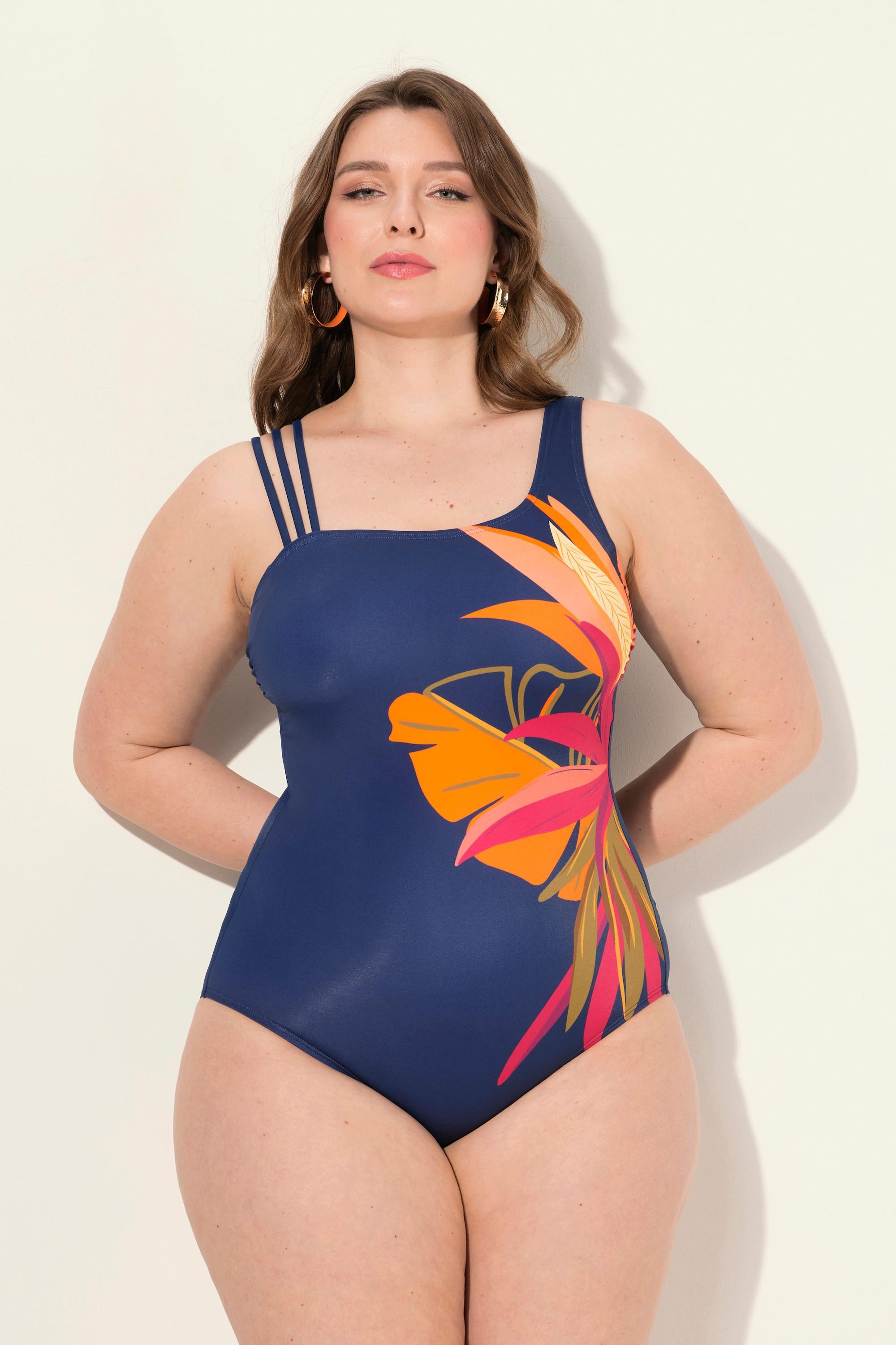 Ulla Popken  Maillot de bain avec bonnets souples. Imprimé feuilles. Bretelle triple. Matières recyclées. 