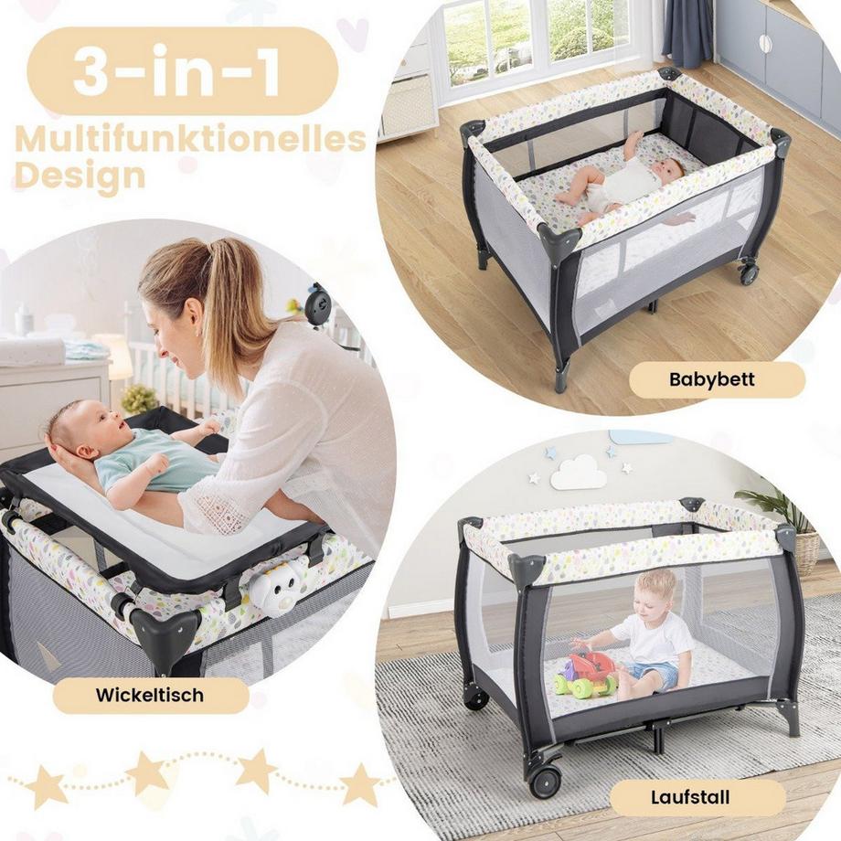 Northix  3 in 1 Beistellbett klappbar Reisebett mit Matratze Hängespielzeug Spieluhr Bunt 