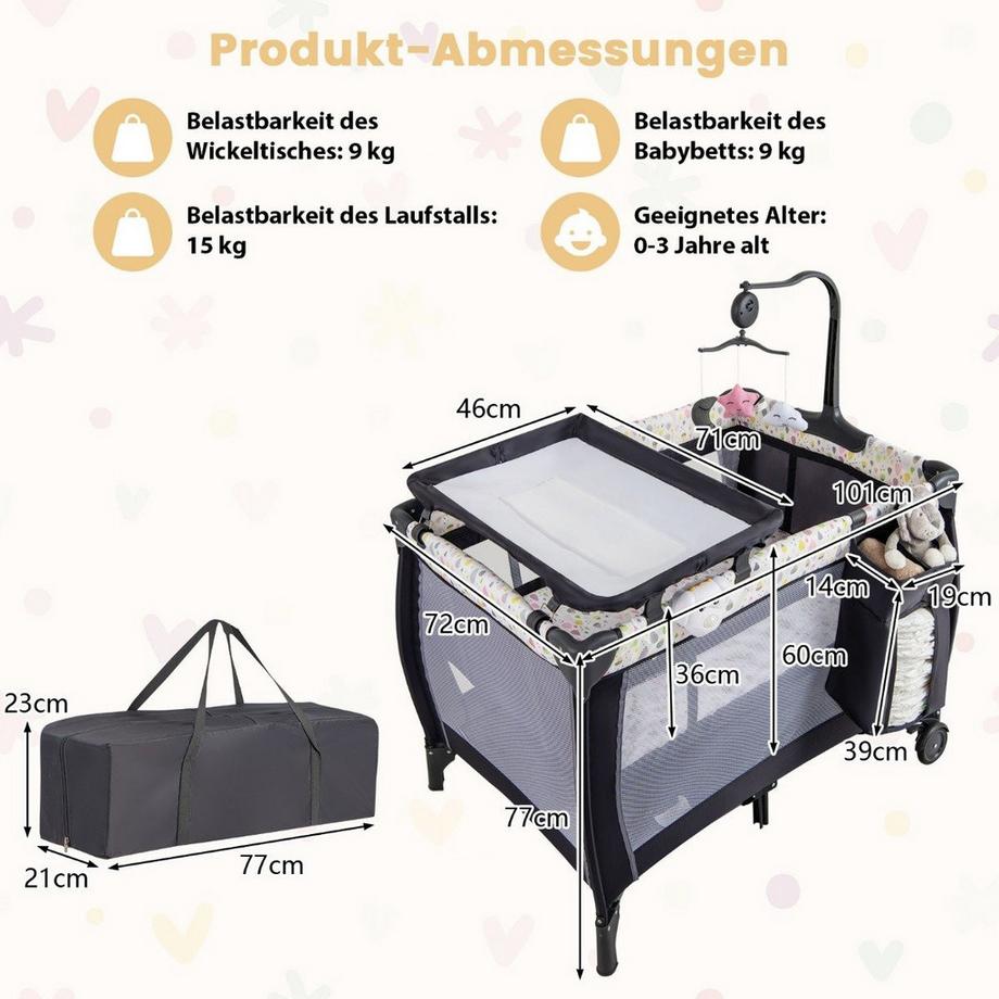Northix  3 in 1 Beistellbett klappbar Reisebett mit Matratze Hängespielzeug Spieluhr Bunt 