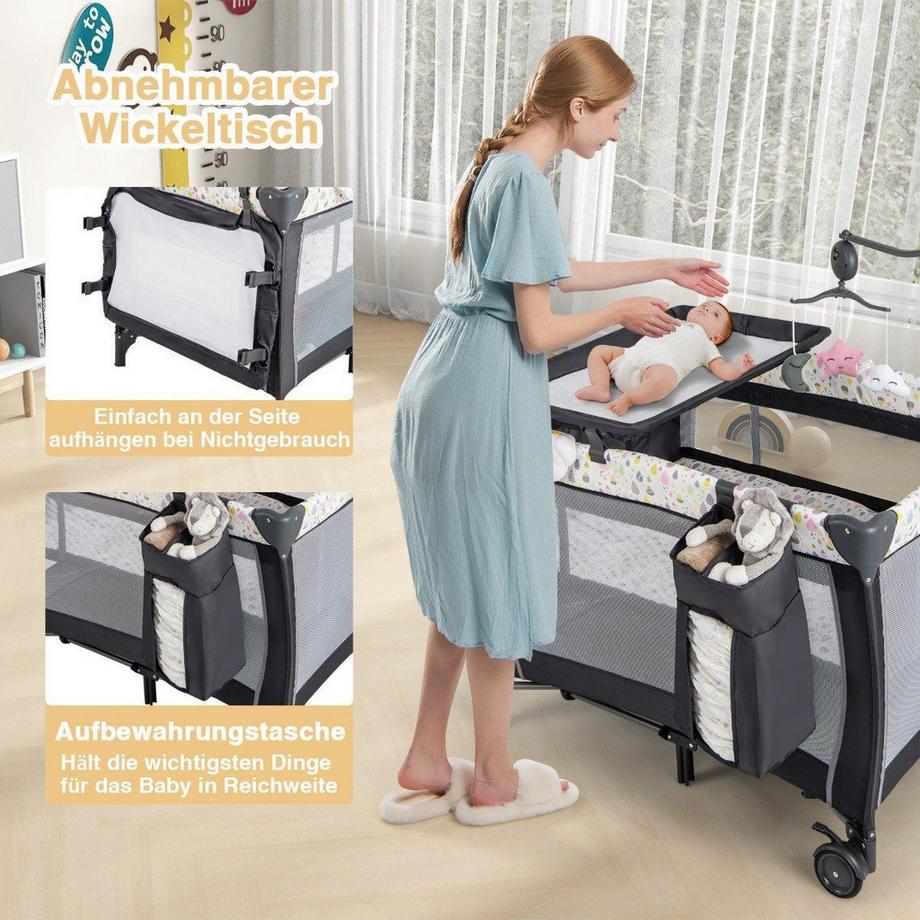 Northix  3 in 1 Beistellbett klappbar Reisebett mit Matratze Hängespielzeug Spieluhr Bunt 