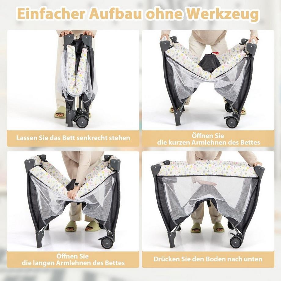 Northix  3 in 1 Beistellbett klappbar Reisebett mit Matratze Hängespielzeug Spieluhr Bunt 