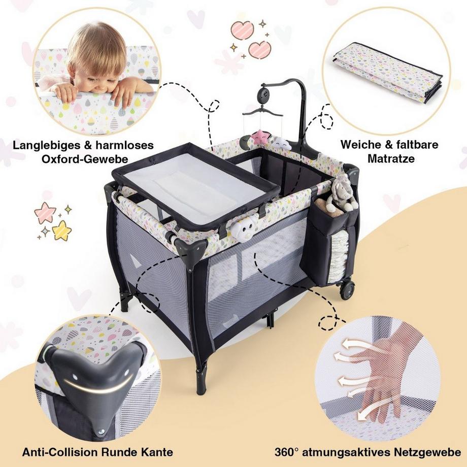 Northix  3 in 1 Beistellbett klappbar Reisebett mit Matratze Hängespielzeug Spieluhr Bunt 