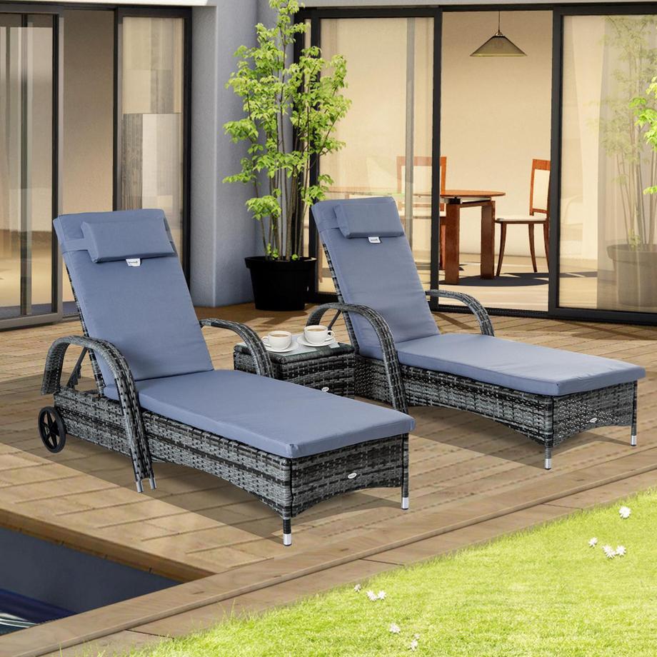 Northio Sonnenliege Gartenliege Tisch 3Er-Set Gartenmöbel, Polyrattan+Metall Grau  