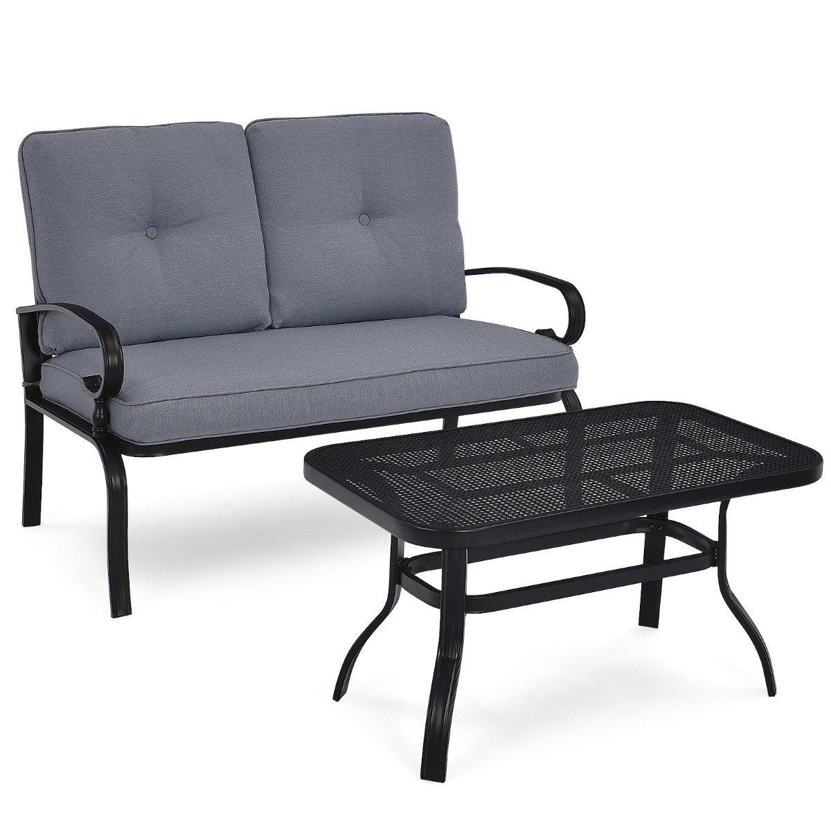 Northio Panca da giardino a 2 posti con tavolino panca con cuscini grigio e nero  