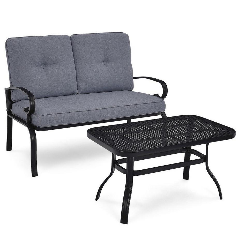 Northio 2-Sitzer Gartenbank mit Couchtisch Sitzbank mit Kissen Grau & Schwarz  