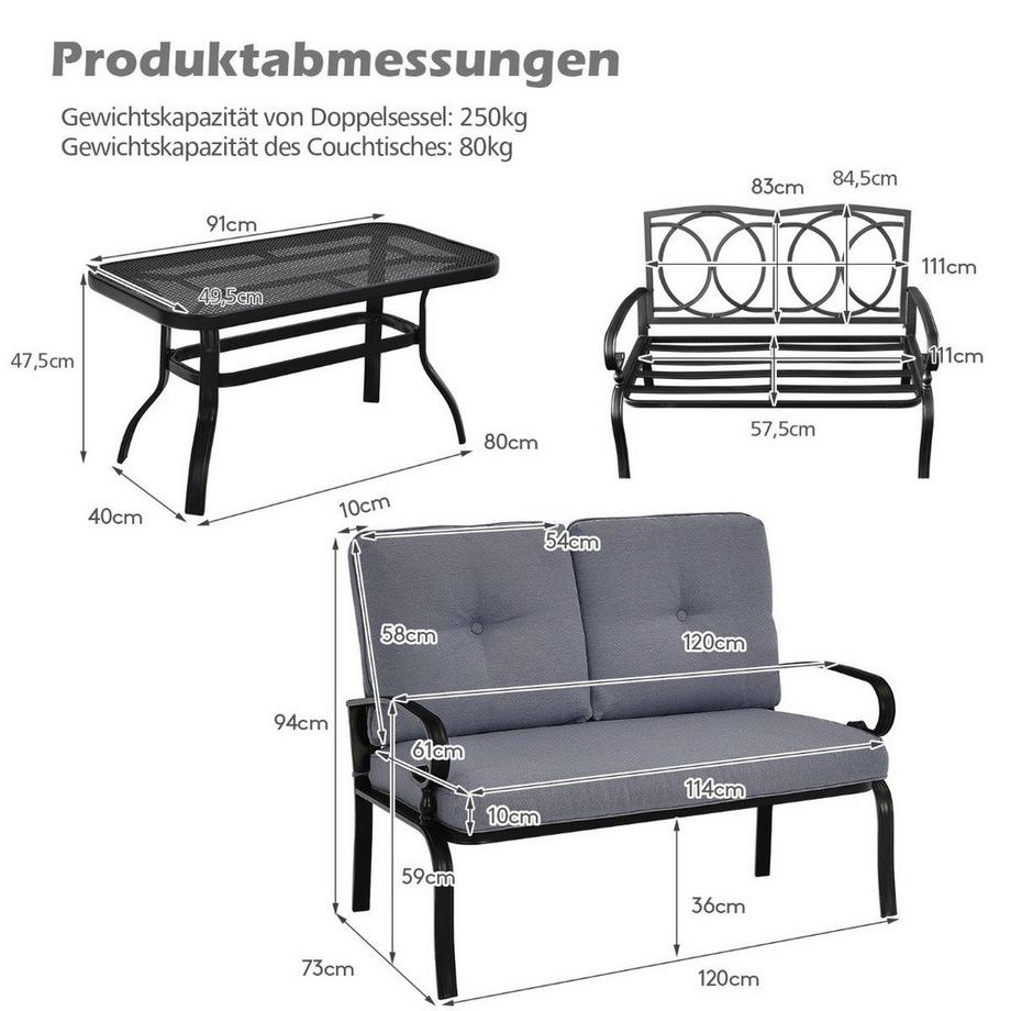 Northio 2-Sitzer Gartenbank mit Couchtisch Sitzbank mit Kissen Grau & Schwarz  