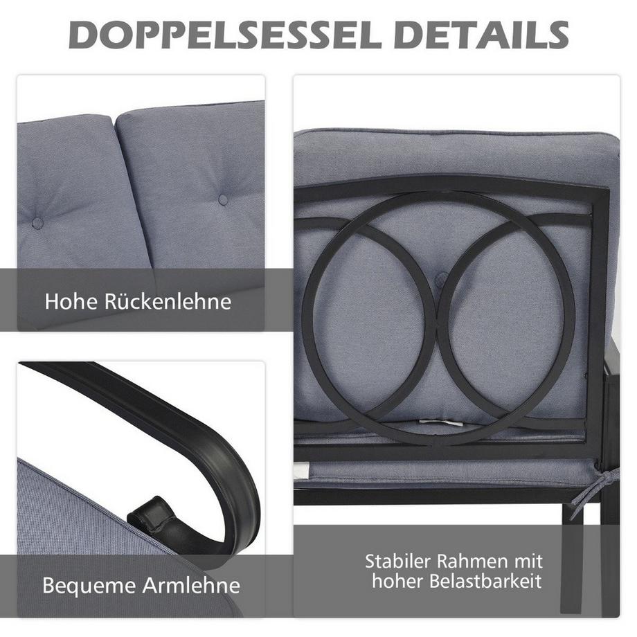 Northio 2-Sitzer Gartenbank mit Couchtisch Sitzbank mit Kissen Grau & Schwarz  