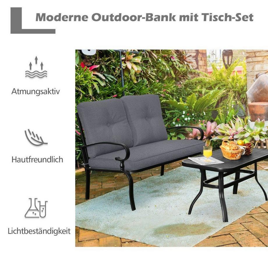 2-Sitzer Gartenbank mit Couchtisch Sitzbank mit Kissen Grau & Schwarz
