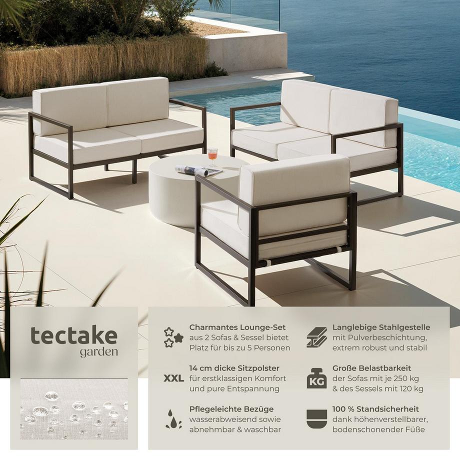Tectake Garten-Loungeset Comosa für 5 Personen, Dicke der Sitzpolster 14 cm wasserabweisende, abnehmbare Polyesterbezüge  