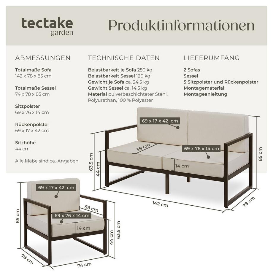 Tectake Garten-Loungeset Comosa für 5 Personen, Dicke der Sitzpolster 14 cm wasserabweisende, abnehmbare Polyesterbezüge  