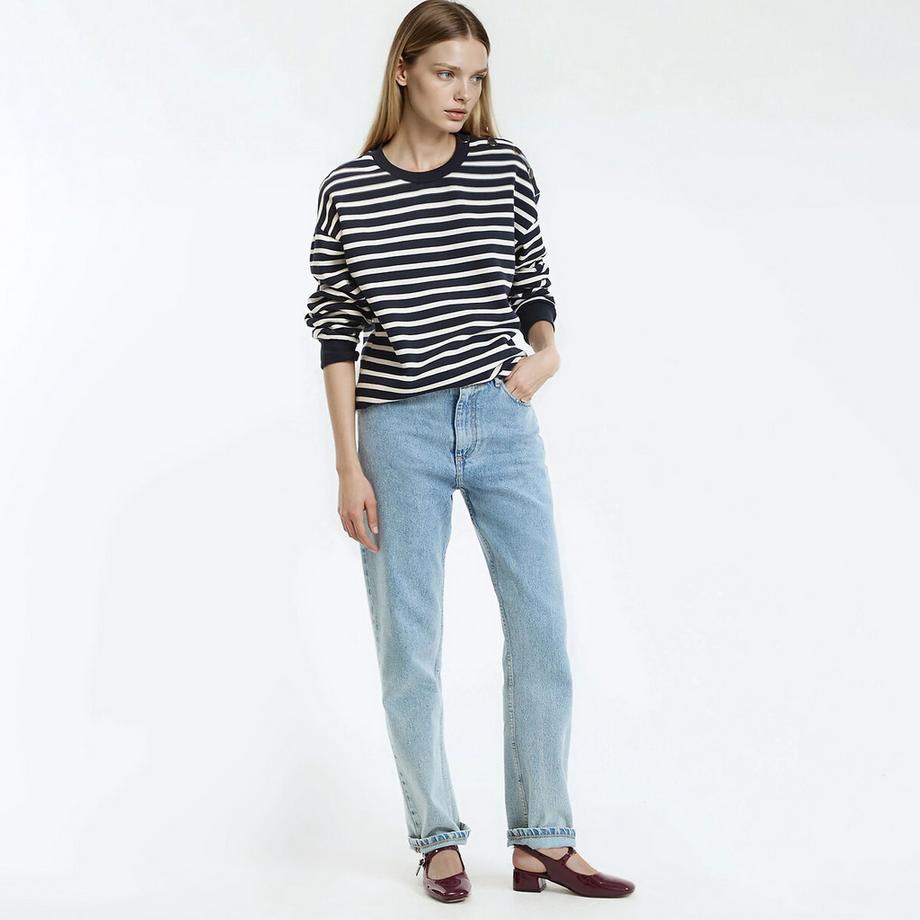 La Redoute Collections Sweatshirt rayé col rond avec patte de boutonnage épaule  