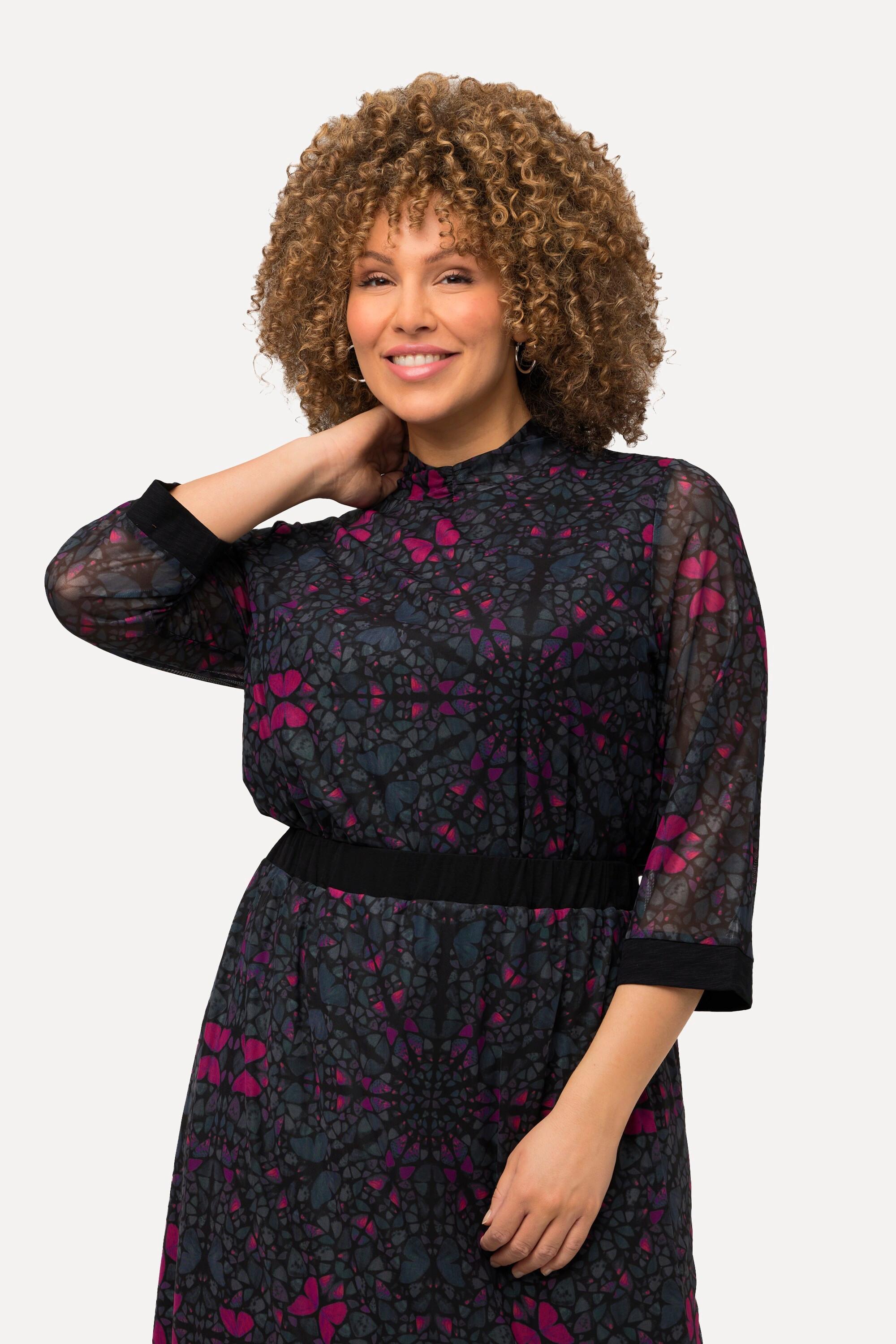 Ulla Popken Maglia mesh taglio svasato doppio strato collo alto maniche 3/4  