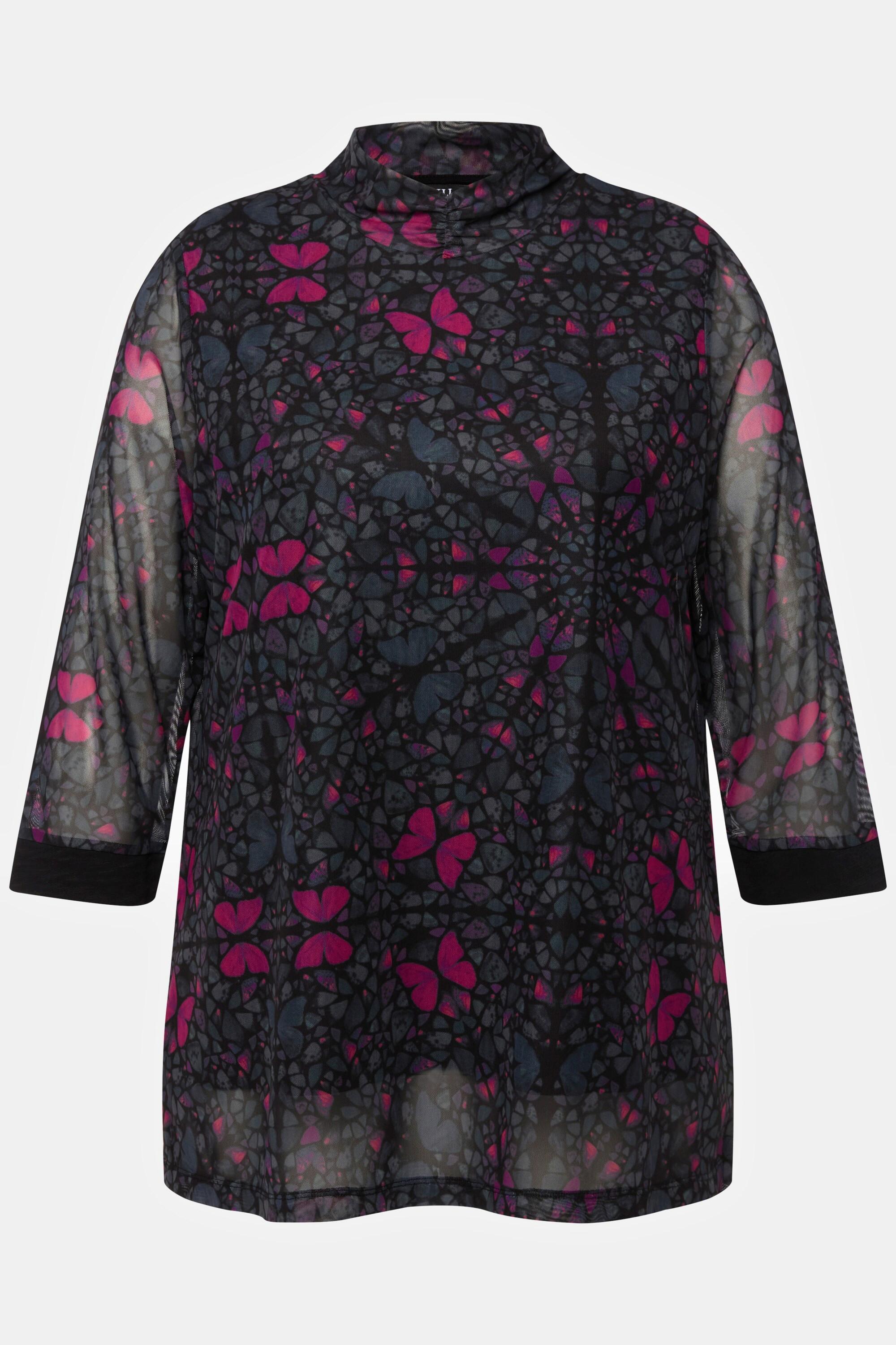 Ulla Popken Maglia mesh taglio svasato doppio strato collo alto maniche 3/4  