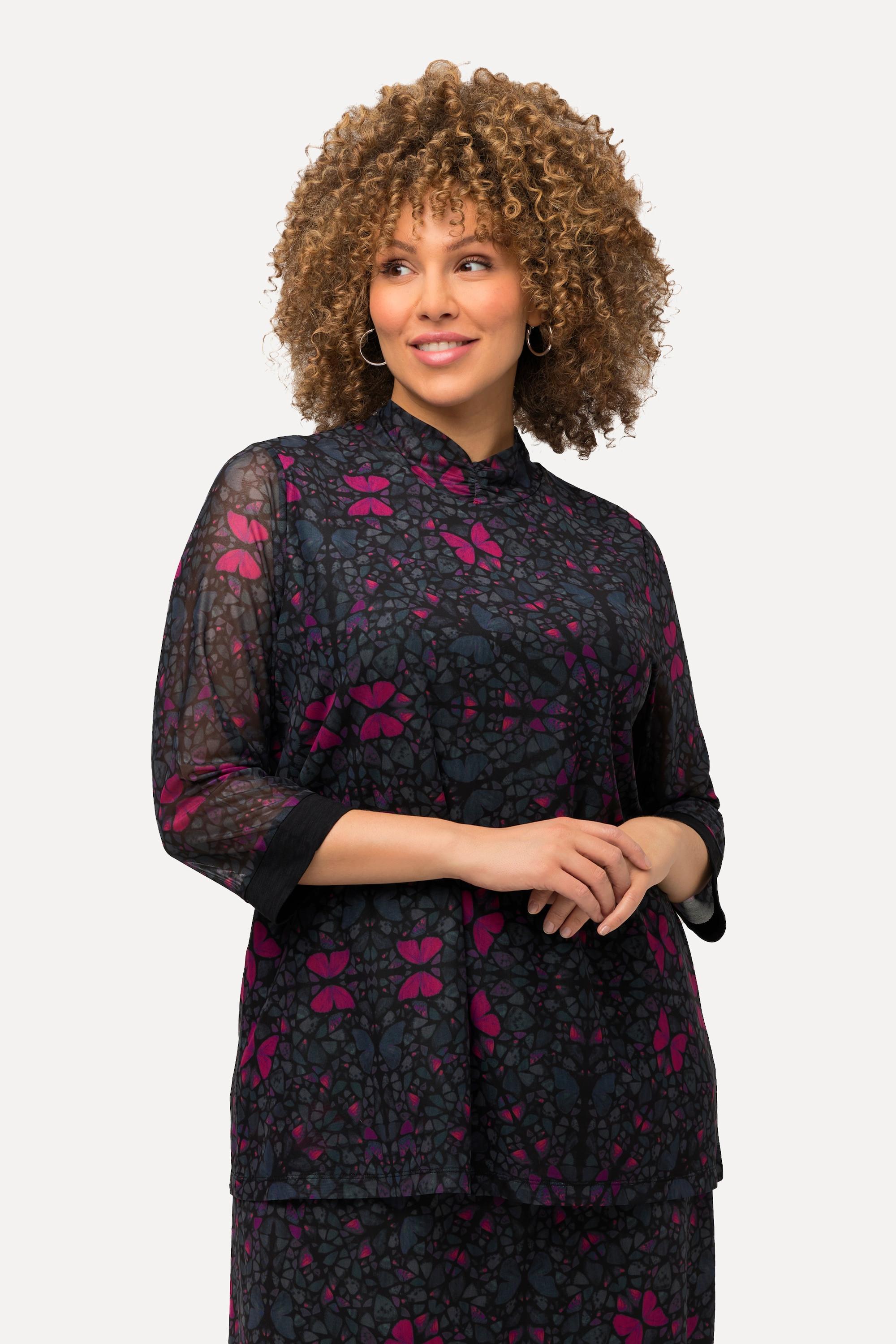 Ulla Popken Maglia mesh taglio svasato doppio strato collo alto maniche 3/4  