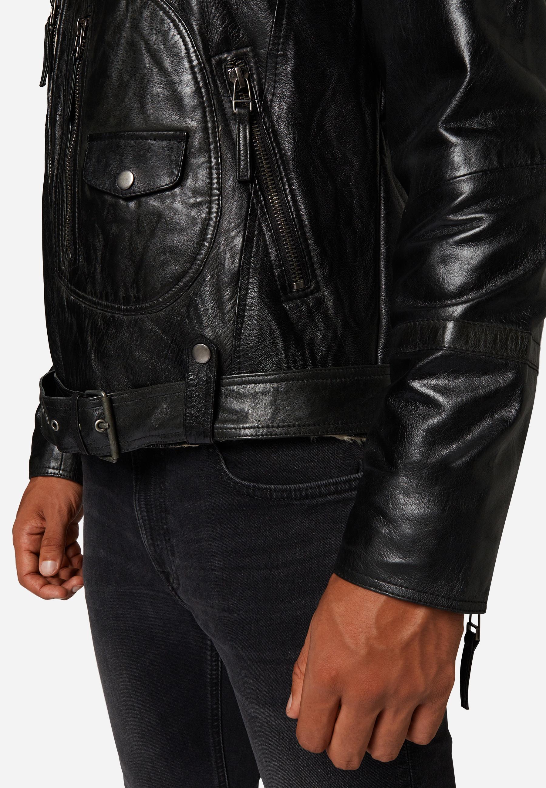 RICANO  Veste en cuir pour homme Harlem - Style Biker avec doublure en fourrure 