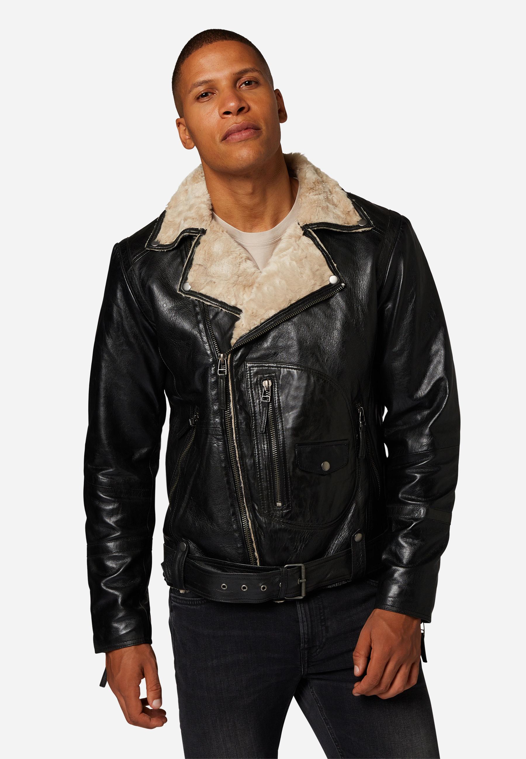 RICANO  Veste en cuir pour homme Harlem - Style Biker avec doublure en fourrure 