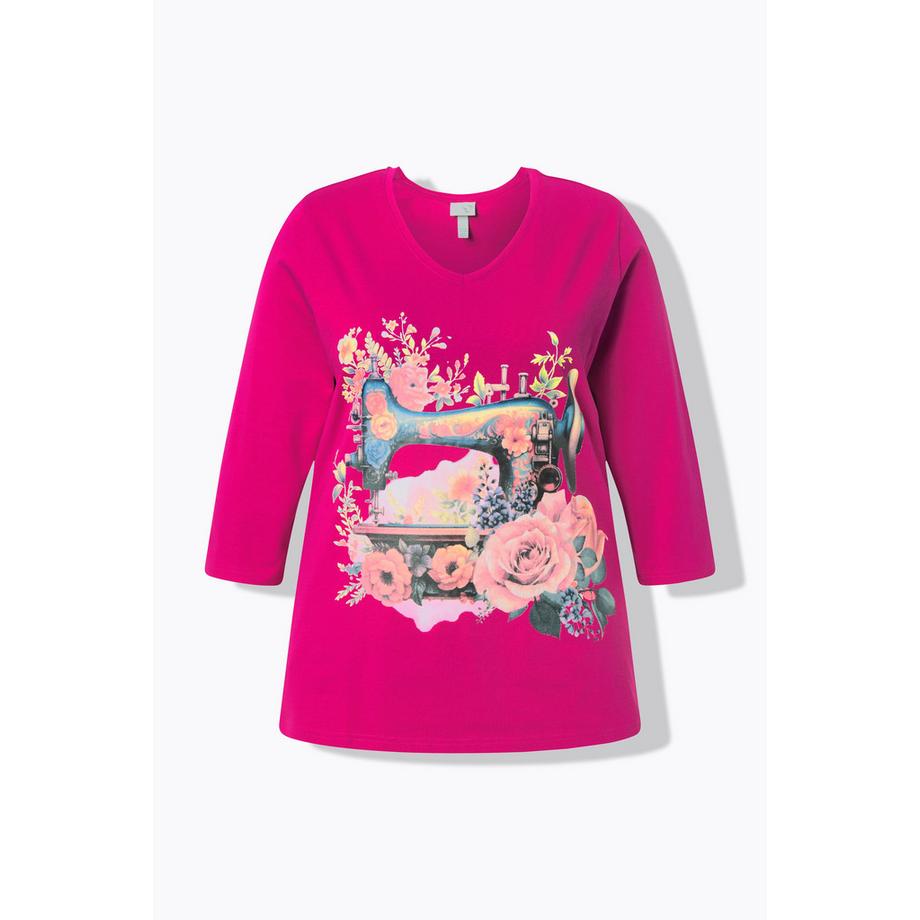 Ulla Popken Classic Machine à Coudre Imprimé Col V Manches 3/4 T-shirt  