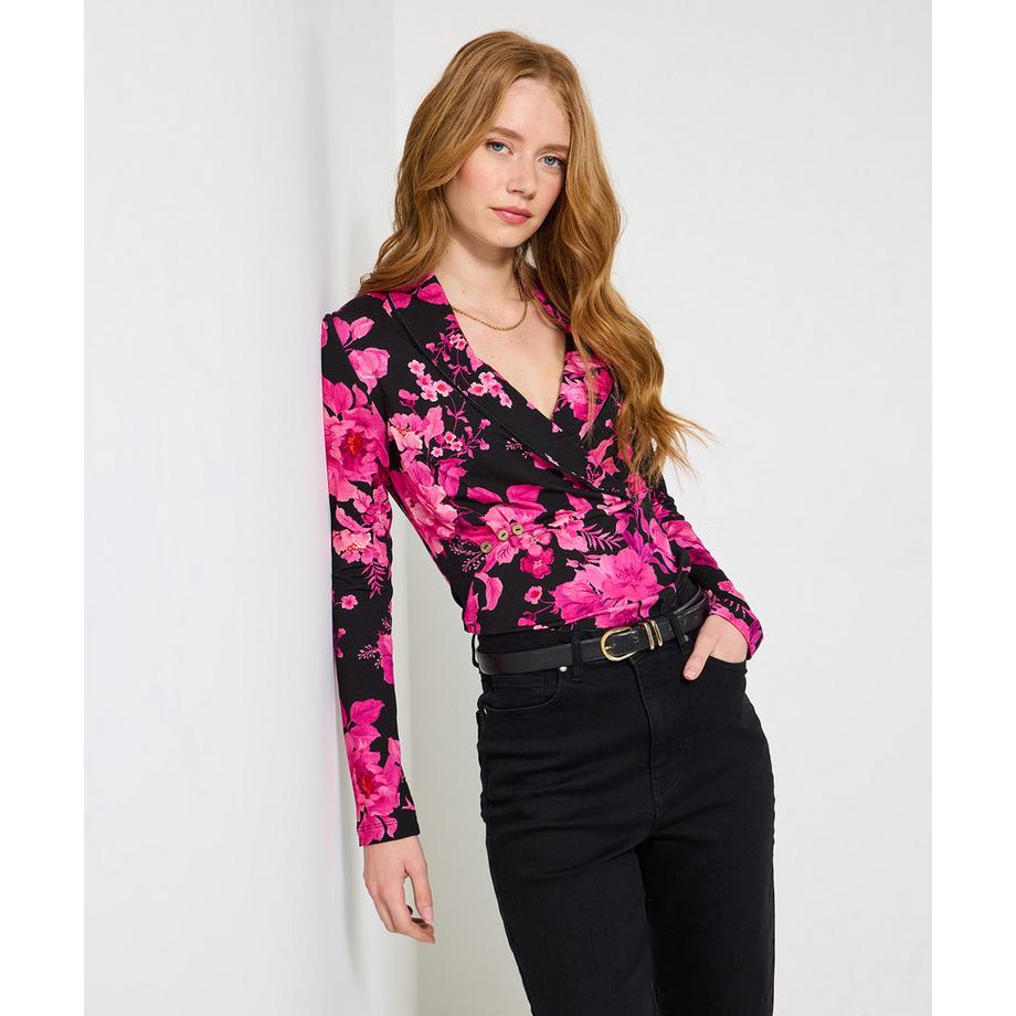 Herbstliches Jersey-Top mit Blumenmuster und Schalkragen