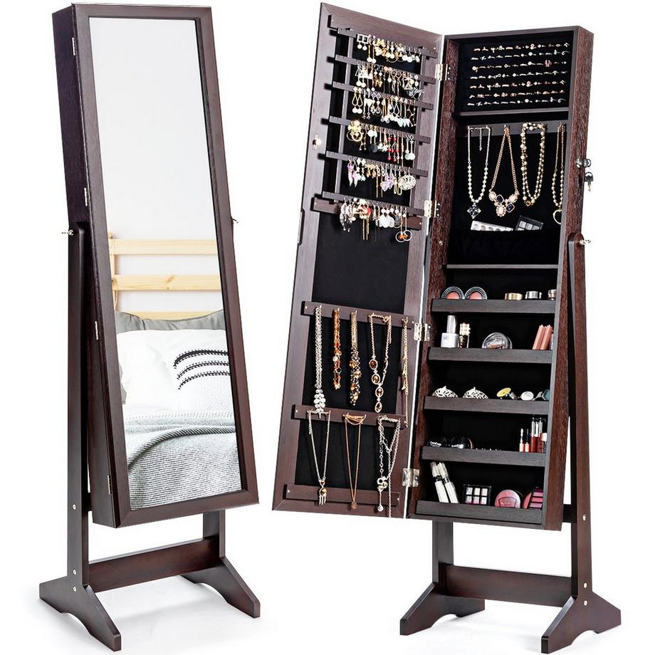 Northix  Armoire à bijoux avec miroir pleine longueur, présentoir à bijoux indépendant, 41 x 36,5 x 146 cm, marron 
