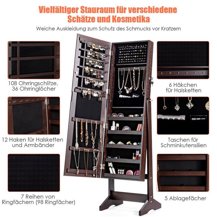 Northix  Armoire à bijoux avec miroir pleine longueur, présentoir à bijoux indépendant, 41 x 36,5 x 146 cm, marron 