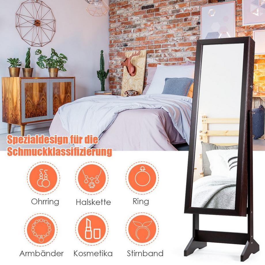 Northix  Armoire à bijoux avec miroir pleine longueur, présentoir à bijoux indépendant, 41 x 36,5 x 146 cm, marron 