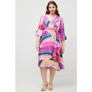 Robe midi, arc-en-ciel, volants, encolure en V, manches 3/4