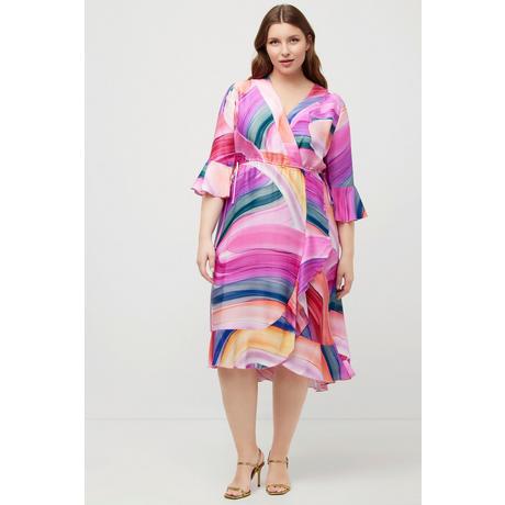 Ulla Popken  Robe midi, arc-en-ciel, volants, encolure en V, manches 3/4 