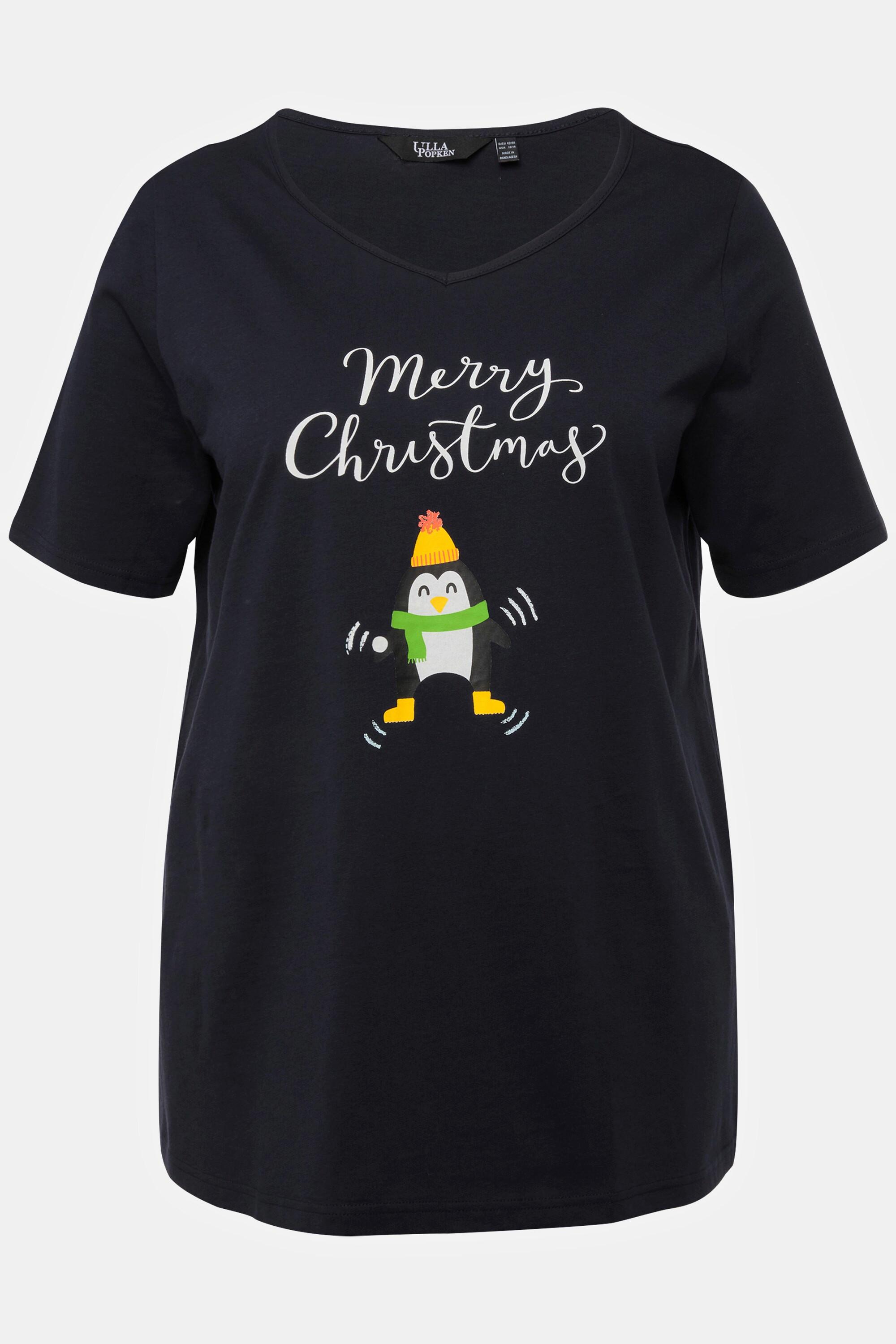 Ulla Popken  T-shirt de Noël à manches courtes et col en V, silhouette en A, motif pingouin 