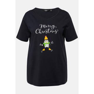 Ulla Popken  T-shirt de Noël à manches courtes et col en V, silhouette en A, motif pingouin 