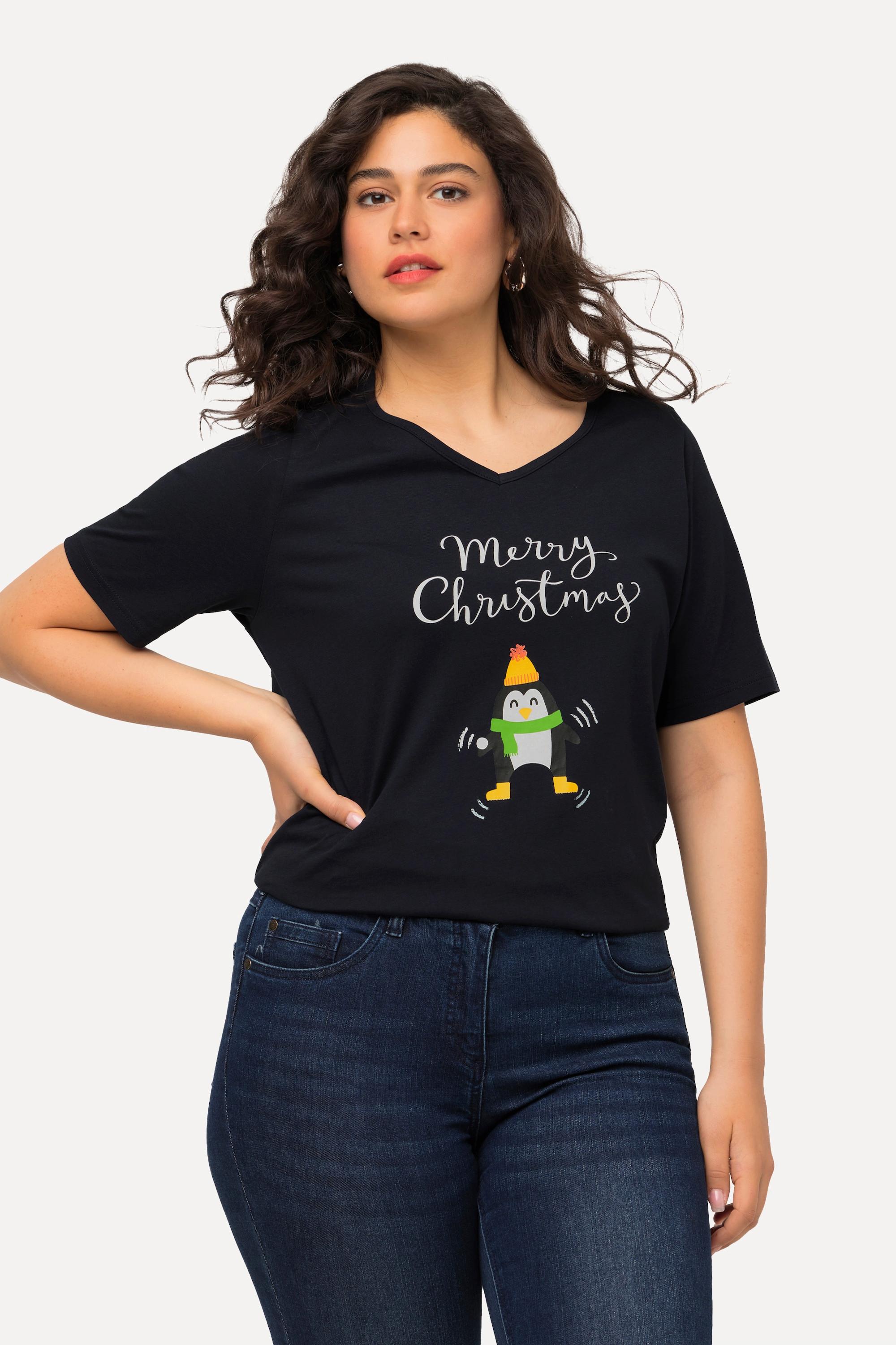 Ulla Popken  T-shirt de Noël à manches courtes et col en V, silhouette en A, motif pingouin 