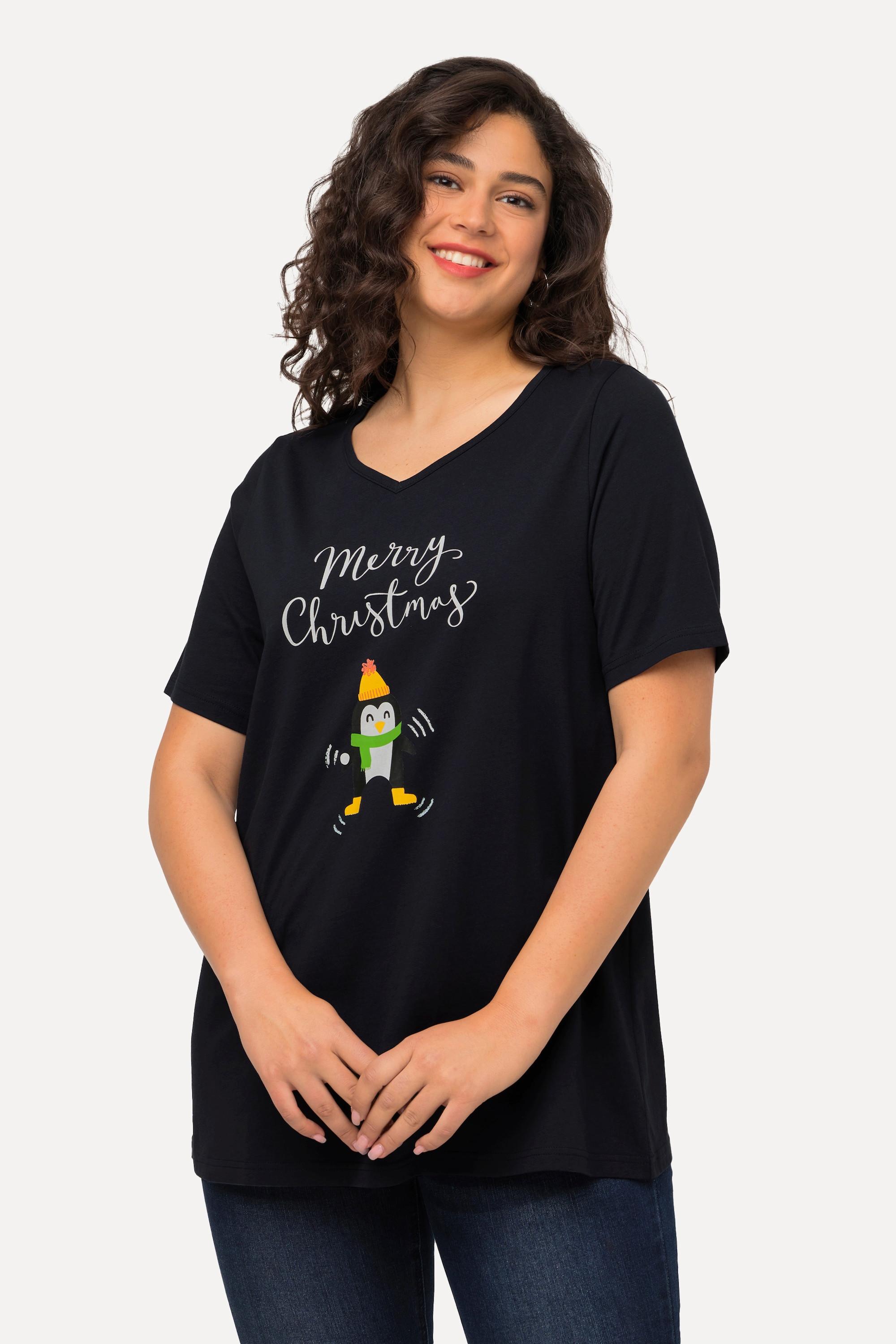 Ulla Popken  T-shirt de Noël à manches courtes et col en V, silhouette en A, motif pingouin 