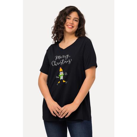 Ulla Popken  T-shirt de Noël à manches courtes et col en V, silhouette en A, motif pingouin 