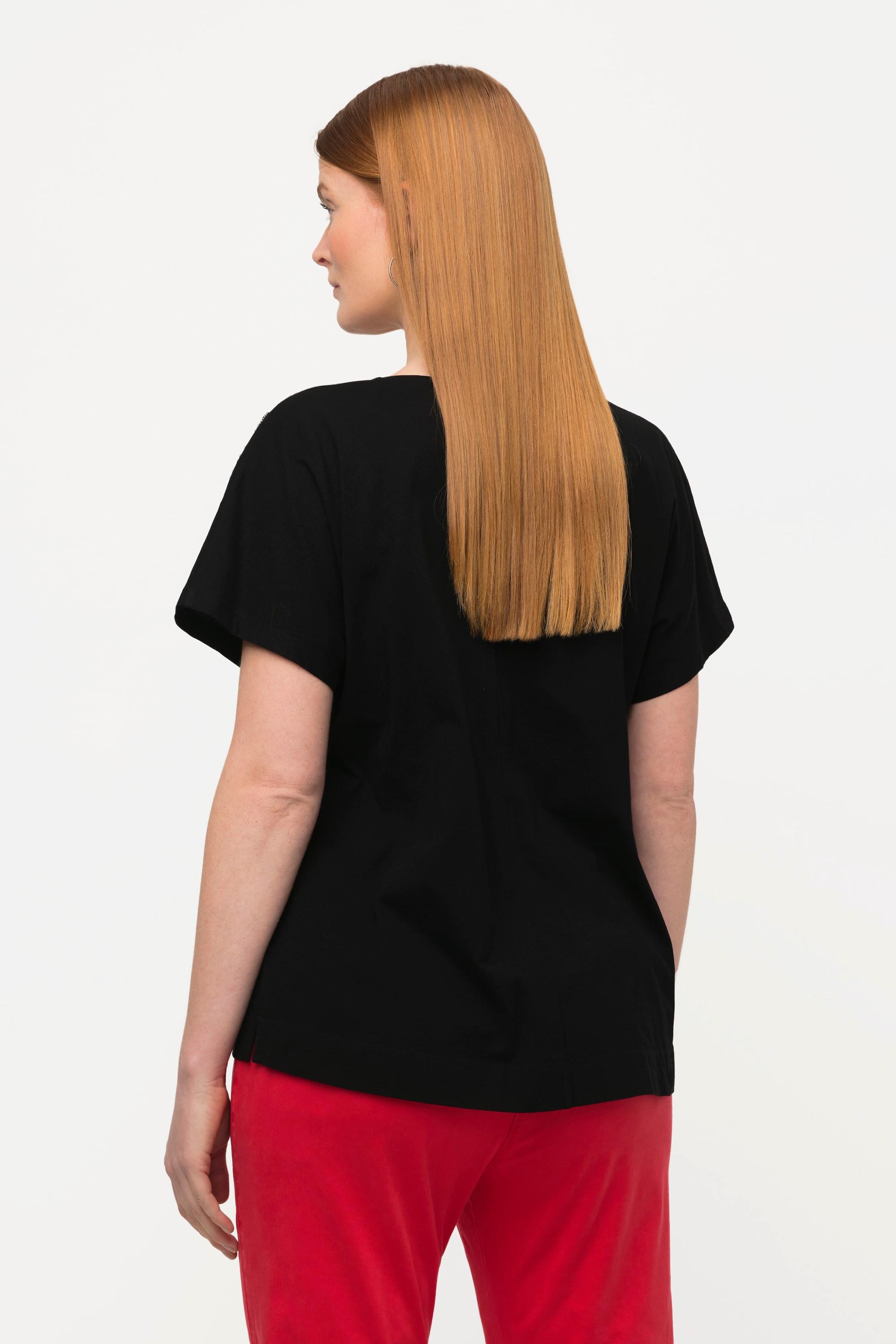 Ulla Popken  T-shirt dal taglio oversize con ricami, perline, scollo a girocollo e mezze maniche 