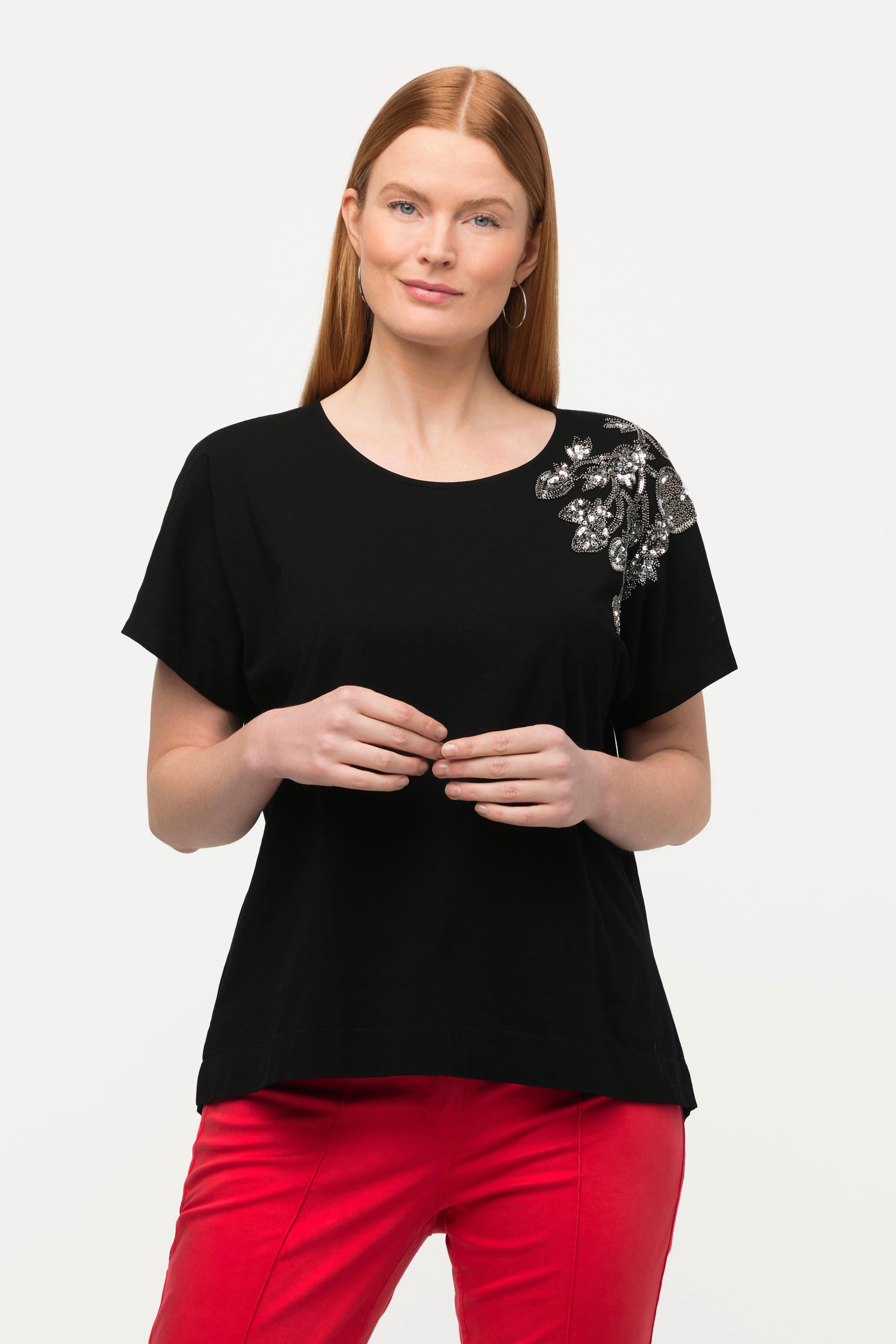 Ulla Popken  T-shirt dal taglio oversize con ricami, perline, scollo a girocollo e mezze maniche 