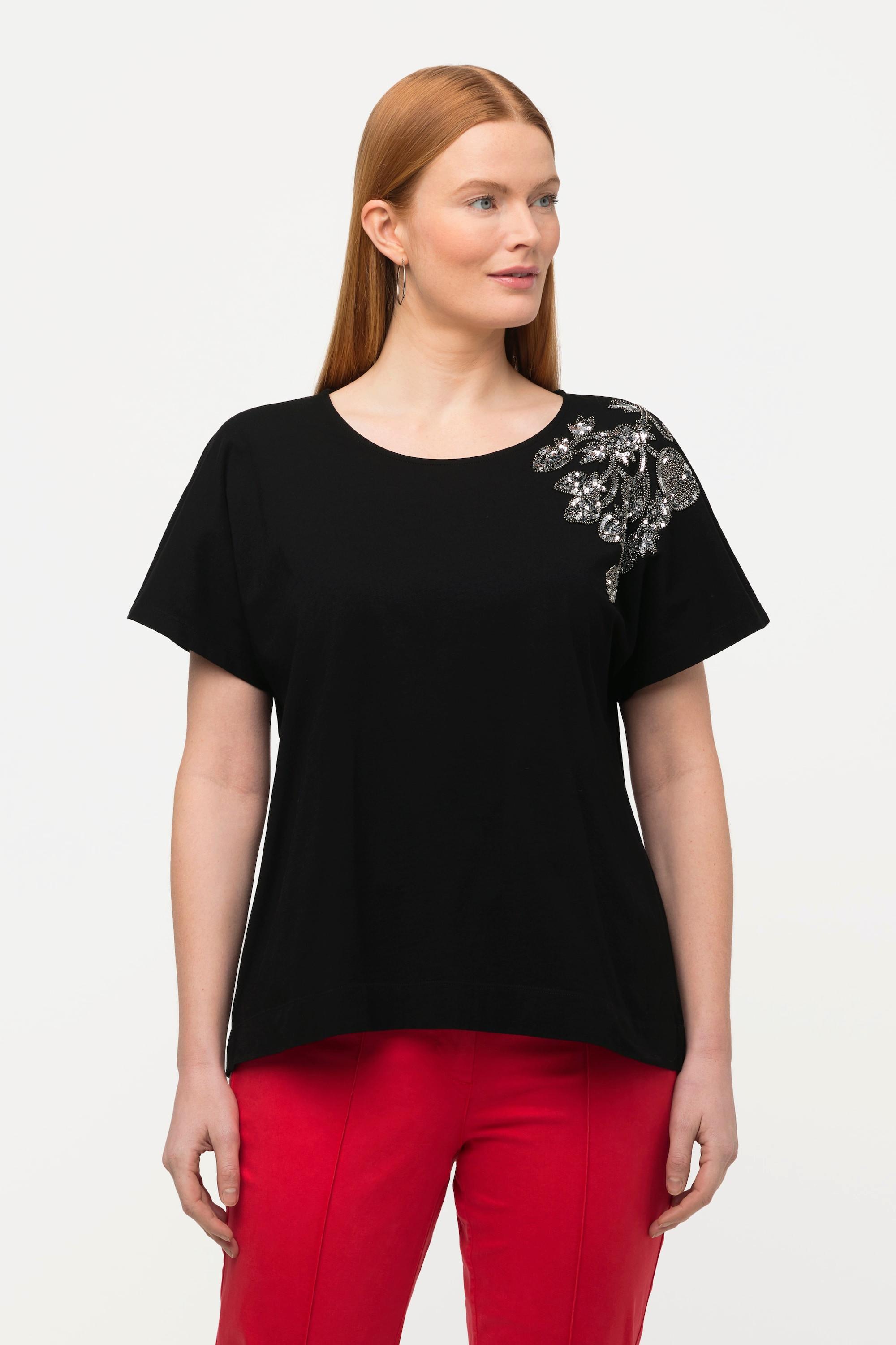 Ulla Popken  T-Shirt, Perlenstickerei, Oversized, Rundhals, Halbarm 