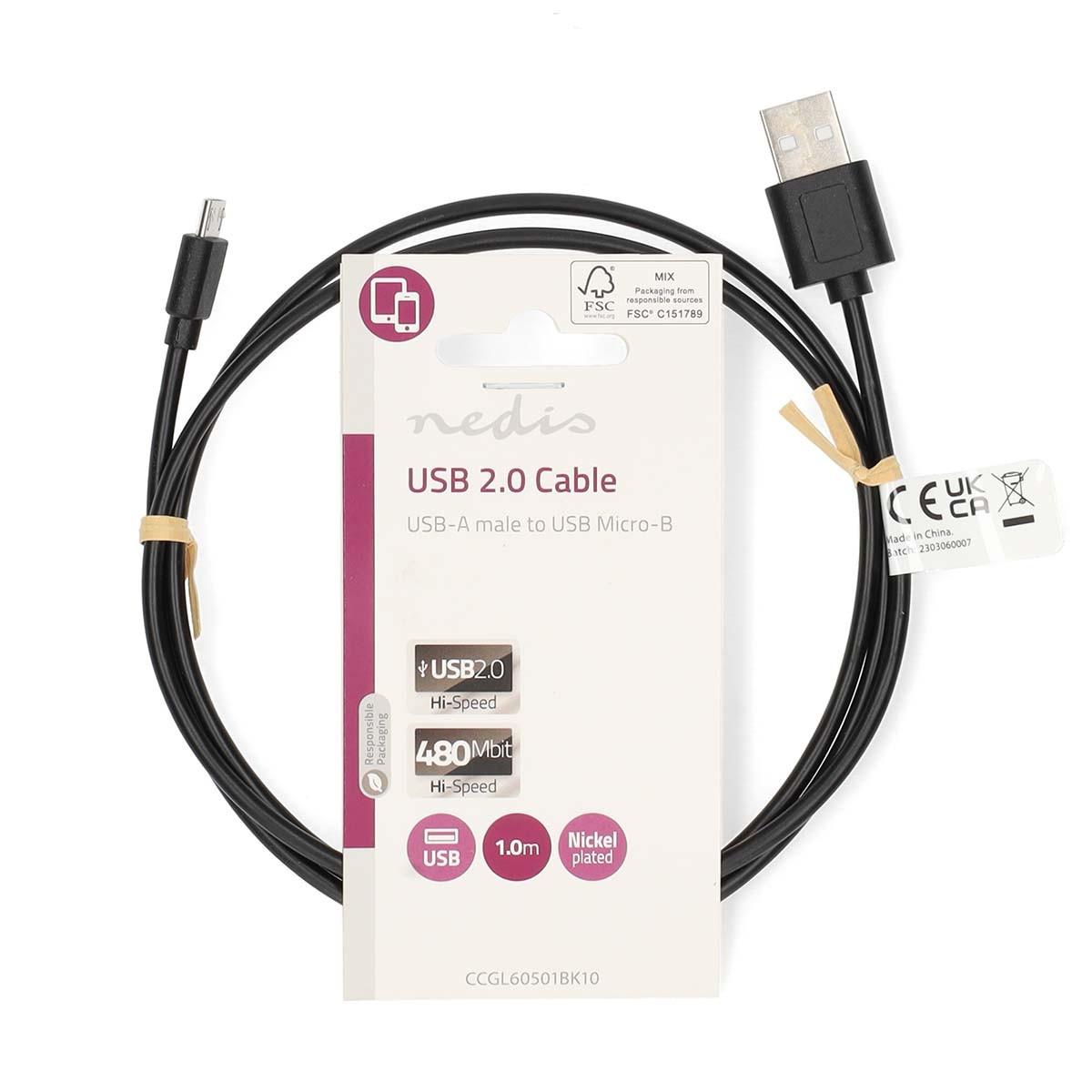Nedis  Câble USB | USB 2.0 | USB-A mâle | USB Micro-B mâle | 7,5 W | 480 Mbps | Nickelé | 1,00 m | Rond | PVC | Noir | Etiquette 