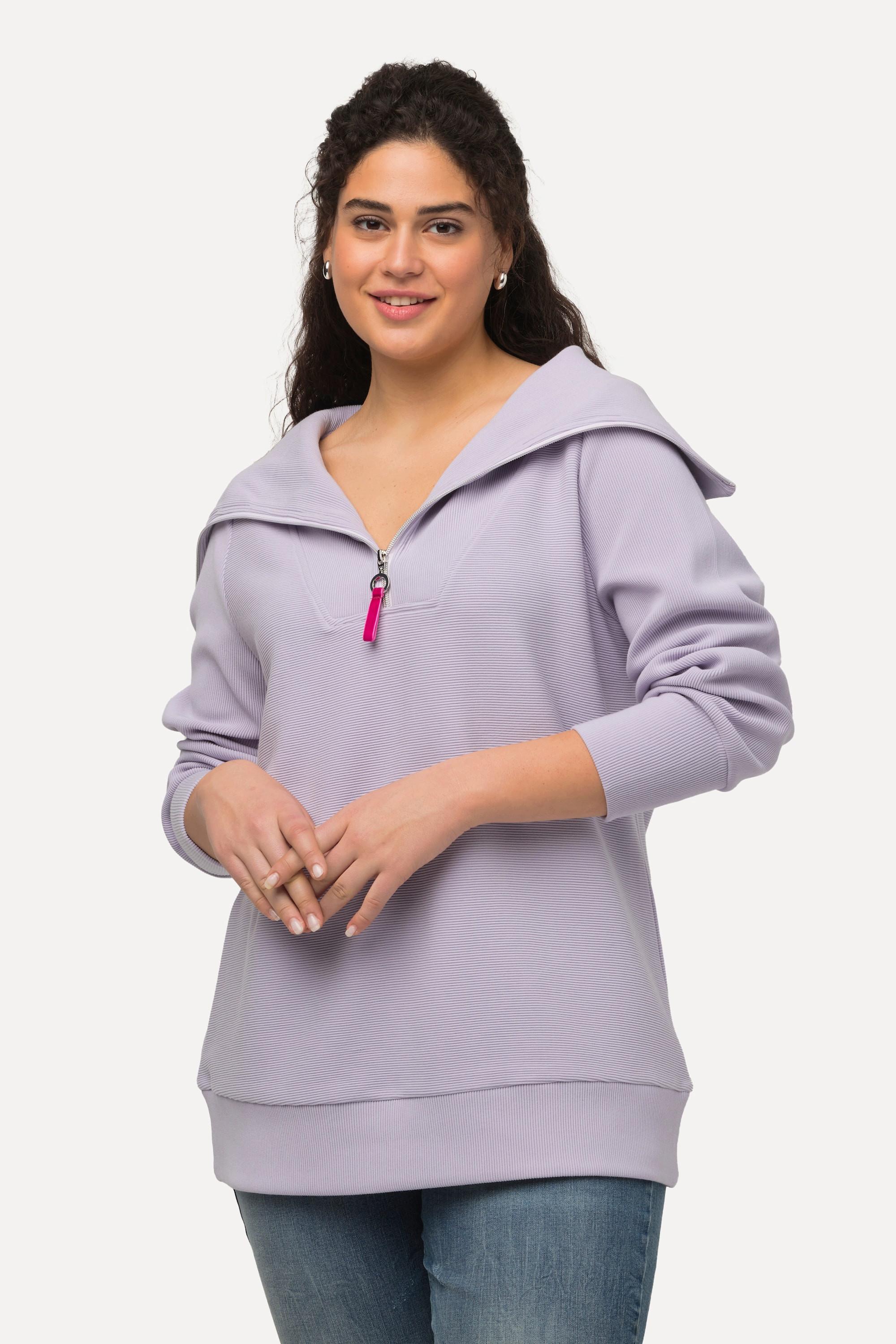 Ulla Popken  Pullover polo con costine trasversali, collo alto, zip e maniche lunghe 