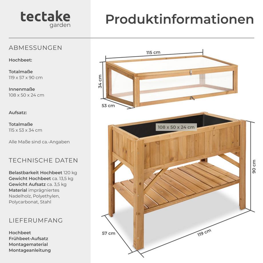 Tectake Hochbeet mit Ablage und Frühbeet-Aufsatz witterungsbeständig  