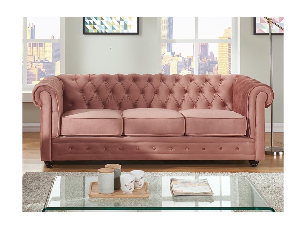 Vente-unique Canapés 3 places et 2 places et fauteuil en velours rose pastel CHESTERFIELD  